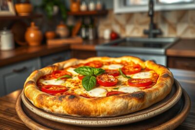 Pizza de frigideira rápida com queijo derretido e manjericão fresco