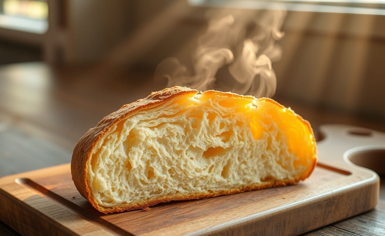 Fatia de Pão Caseiro Simples e Macio com crosta dourada, textura macia e aerada.