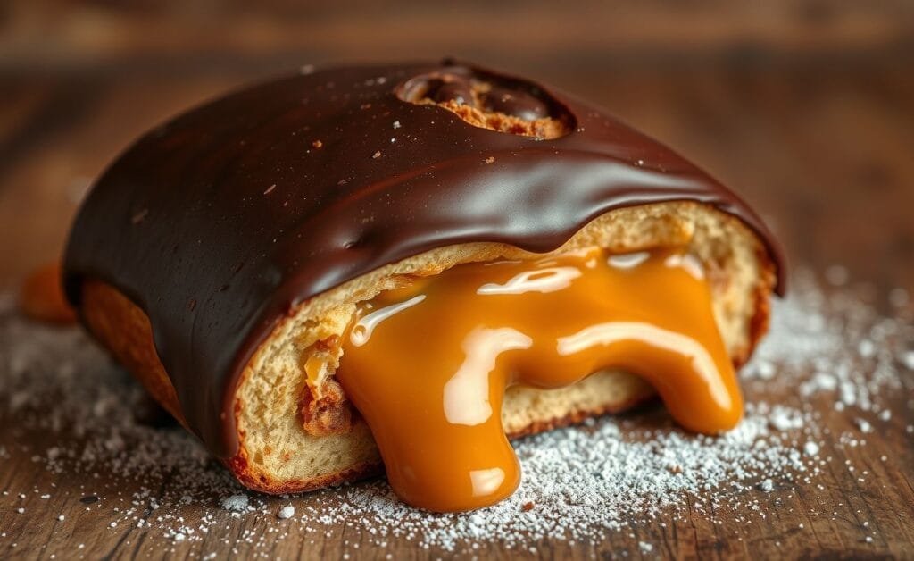 Pão de mel recheado com doce de leite, coberto com chocolate escuro e açúcar polvilhado.