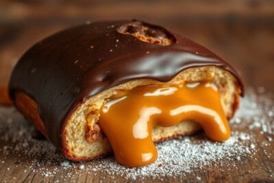 Pão de mel recheado com doce de leite, coberto com chocolate escuro e açúcar polvilhado.