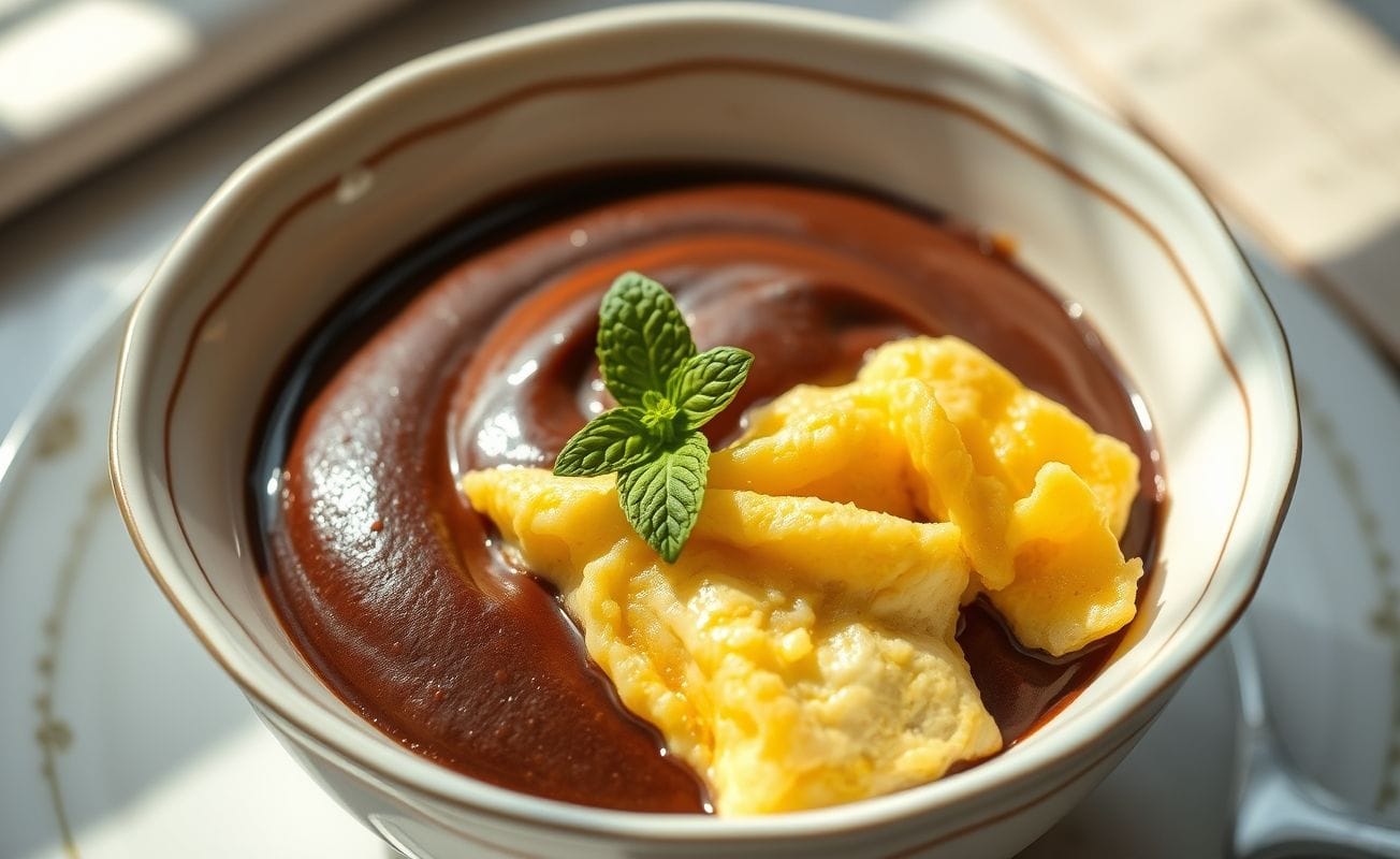Pudim de chocolate escuro com uma camada de ovo mexido por cima, servido em uma tigela elegante.