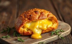 Quibe assado recheado com queijo, crosta dourada e queijo derretido visível