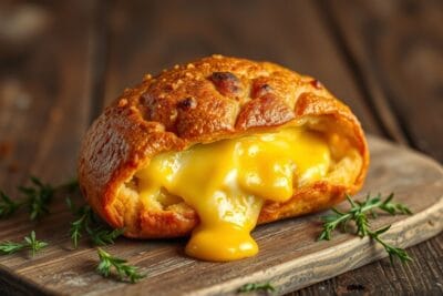 Quibe assado recheado com queijo, crosta dourada e queijo derretido visível