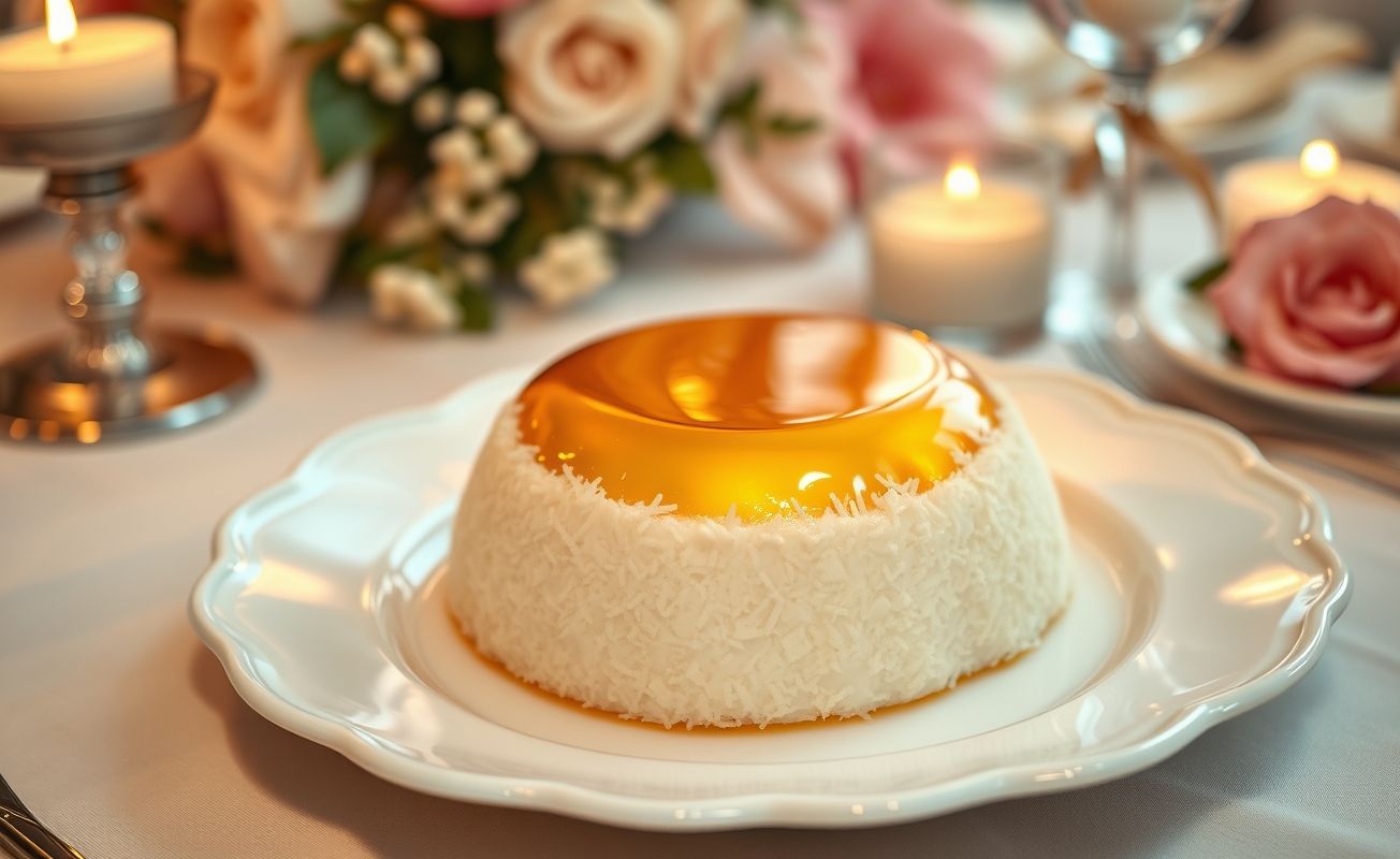 Quindim de coco com superfície dourada e brilhante, servido em prato elegante.