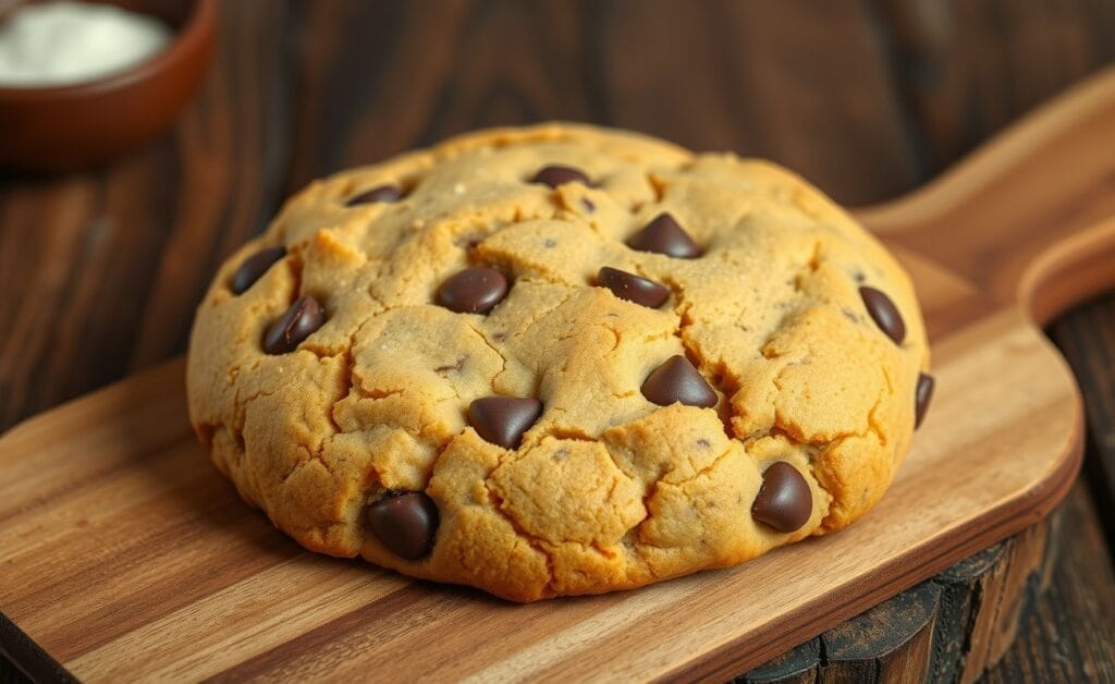 Um grande biscoito dourado com pedaços de chocolate, apresentado em uma tábua de madeira.