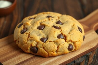 Um grande biscoito dourado com pedaços de chocolate, apresentado em uma tábua de madeira.