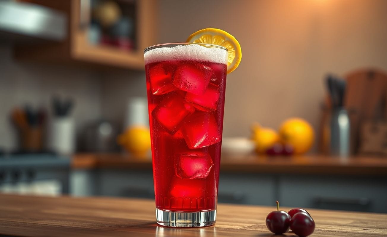 Imagem de suco vermelho vibrante com gelo e limão, servido em um copo alto