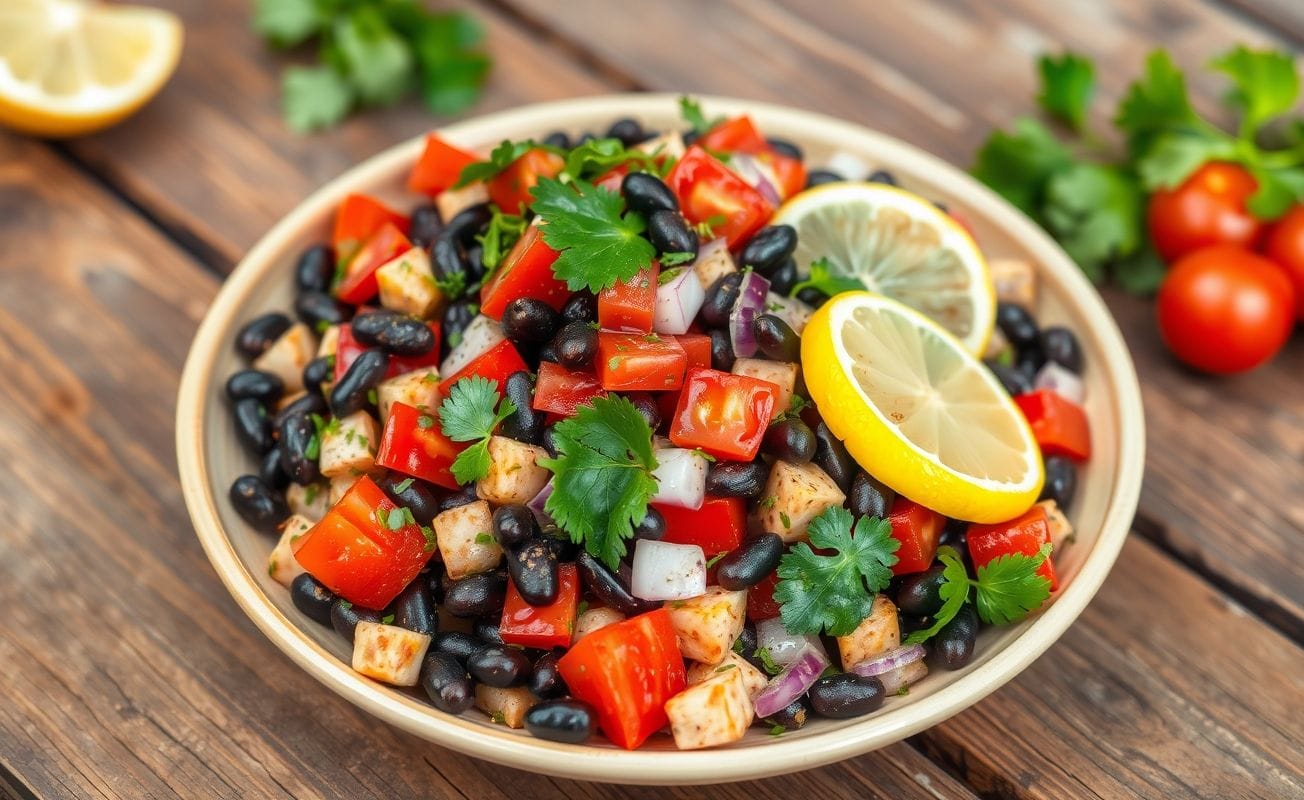 Salada colorida com feijão preto, pimentão e tomate, temperada com coentro.