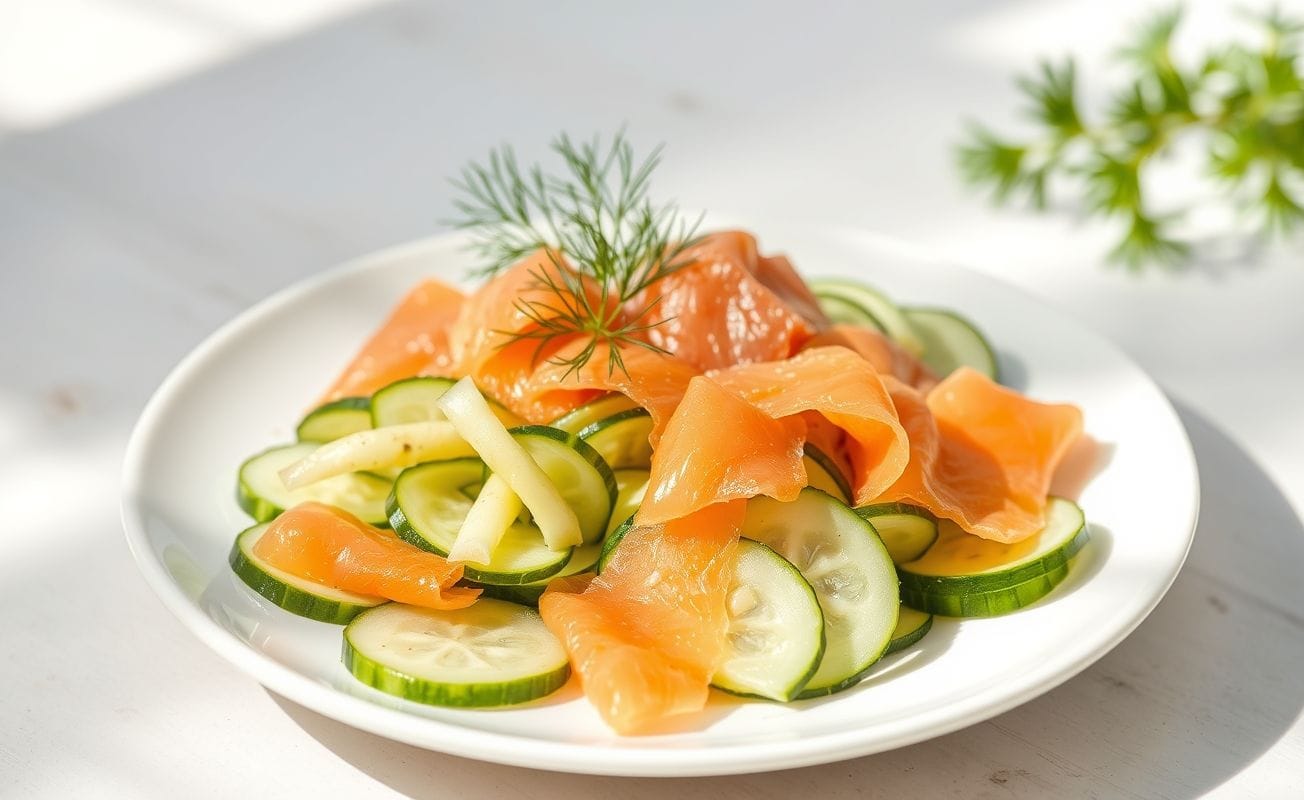 Uma salada vibrante com fatias de pepino e tiras de salmão defumado, decorada com endro