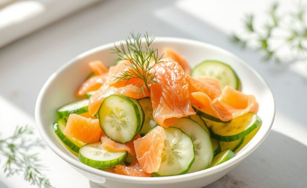 Vibrante salada de pepino com tiras de salmão defumado e dill em uma tigela elegante