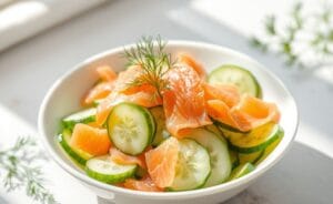 Vibrante salada de pepino com tiras de salmão defumado e dill em uma tigela elegante