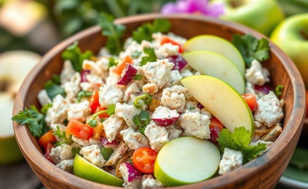 Bowl de salpicão de frango com maionese, cheio de cores e texturas variadas.