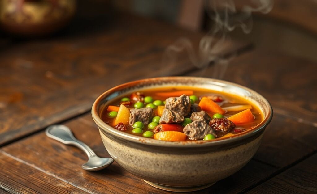 Uma tigela de sopa de legumes com carne, colorida com ervilhas e cenouras, carne suculenta