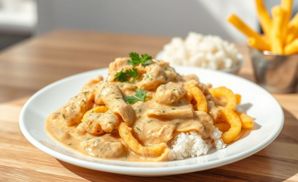 Prato de Strogonoff de Frango cremoso, servido com arroz branco e batata palha, garnecido com salsinha.