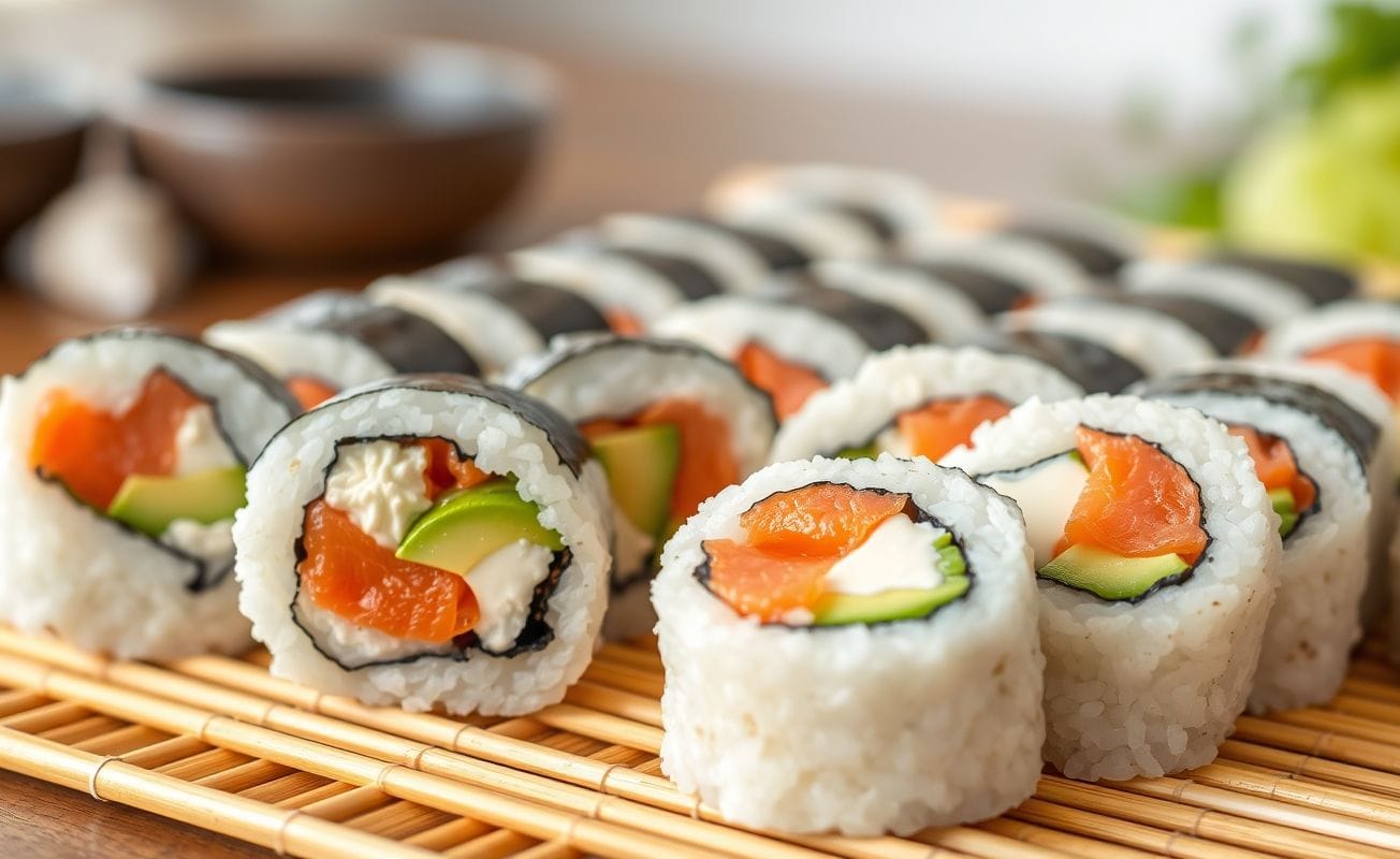 Rolinhos de sushi caseiro com salmão, avocado e cream cheese, preparados com perfeição.