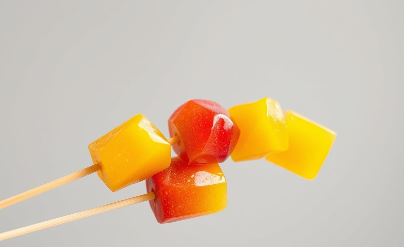 Espetinhos coloridos de frutas com cobertura de caramelo brilhante