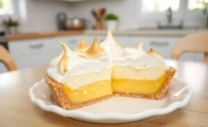 Imagem de uma Torta de Limão com Merengue, mostrando o merengue dourado e recheio amarelo vibrante