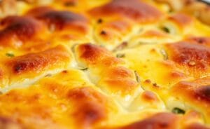 Uma torta salgada de liquidificador dourada, recheada com queijo, presunto e legumes visíveis.