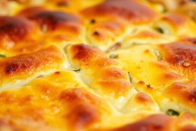 Uma torta salgada de liquidificador dourada, recheada com queijo, presunto e legumes visíveis.