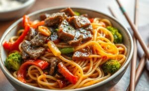 Um saboroso Yakisoba de Legumes e Carne com macarrão, carne bovina e legumes coloridos