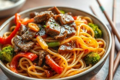 Um saboroso Yakisoba de Legumes e Carne com macarrão, carne bovina e legumes coloridos